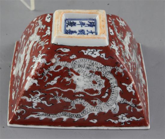 A Chinese iron-red and black enamelled dragon square bowl, Jiajing mark and perhaps of the period, width 10.6cm